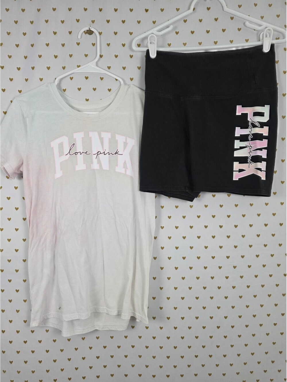Victorias Secret PINK Watercolor Logo Tee shirt Bike Shorts SET Medium